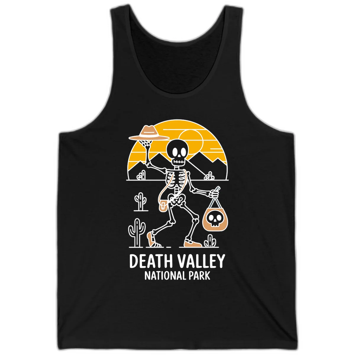 Skeleton cowboy holding skull pouch in Death Valley desert landscape with cacti, mountains, and golden sun rays in Black