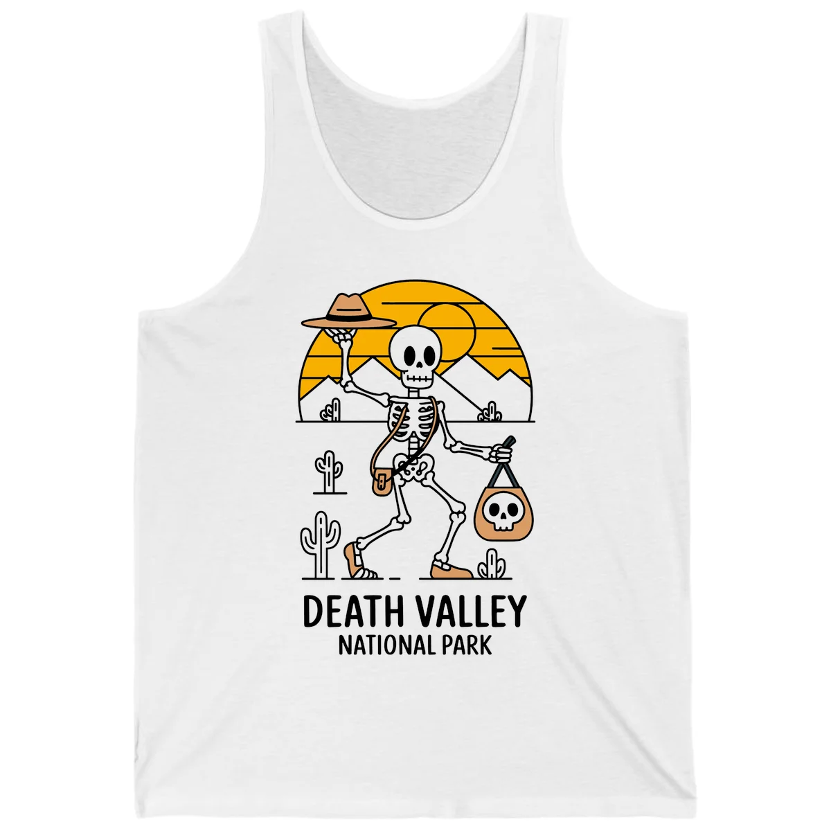 Skeleton cowboy holding skull pouch in Death Valley desert landscape with cacti, mountains, and golden sun rays in White
