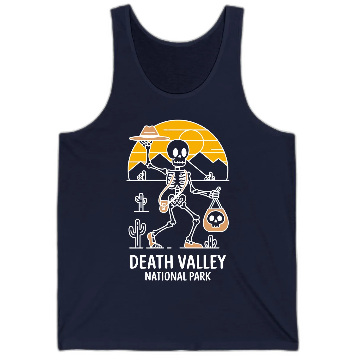 Skeleton cowboy holding skull pouch in Death Valley desert landscape with cacti, mountains, and golden sun rays in Navy