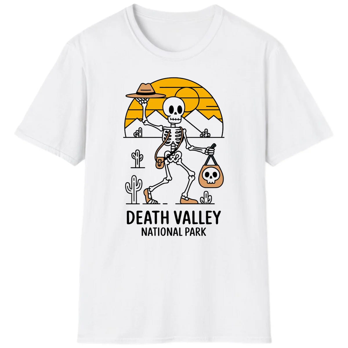 Skeleton cowboy holding skull pouch in Death Valley desert landscape with cacti, mountains, and golden sun rays in White