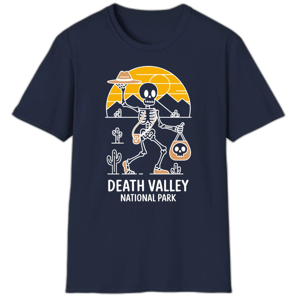 Skeleton cowboy holding skull pouch in Death Valley desert landscape with cacti, mountains, and golden sun rays in Navy