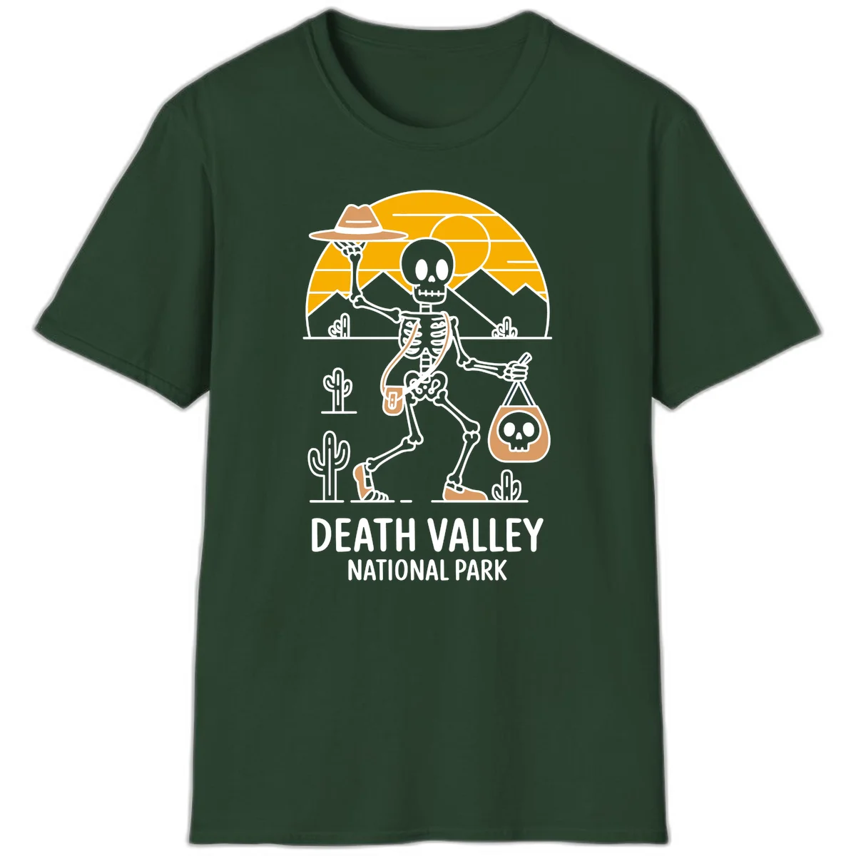 Skeleton cowboy holding skull pouch in Death Valley desert landscape with cacti, mountains, and golden sun rays in Forest Green