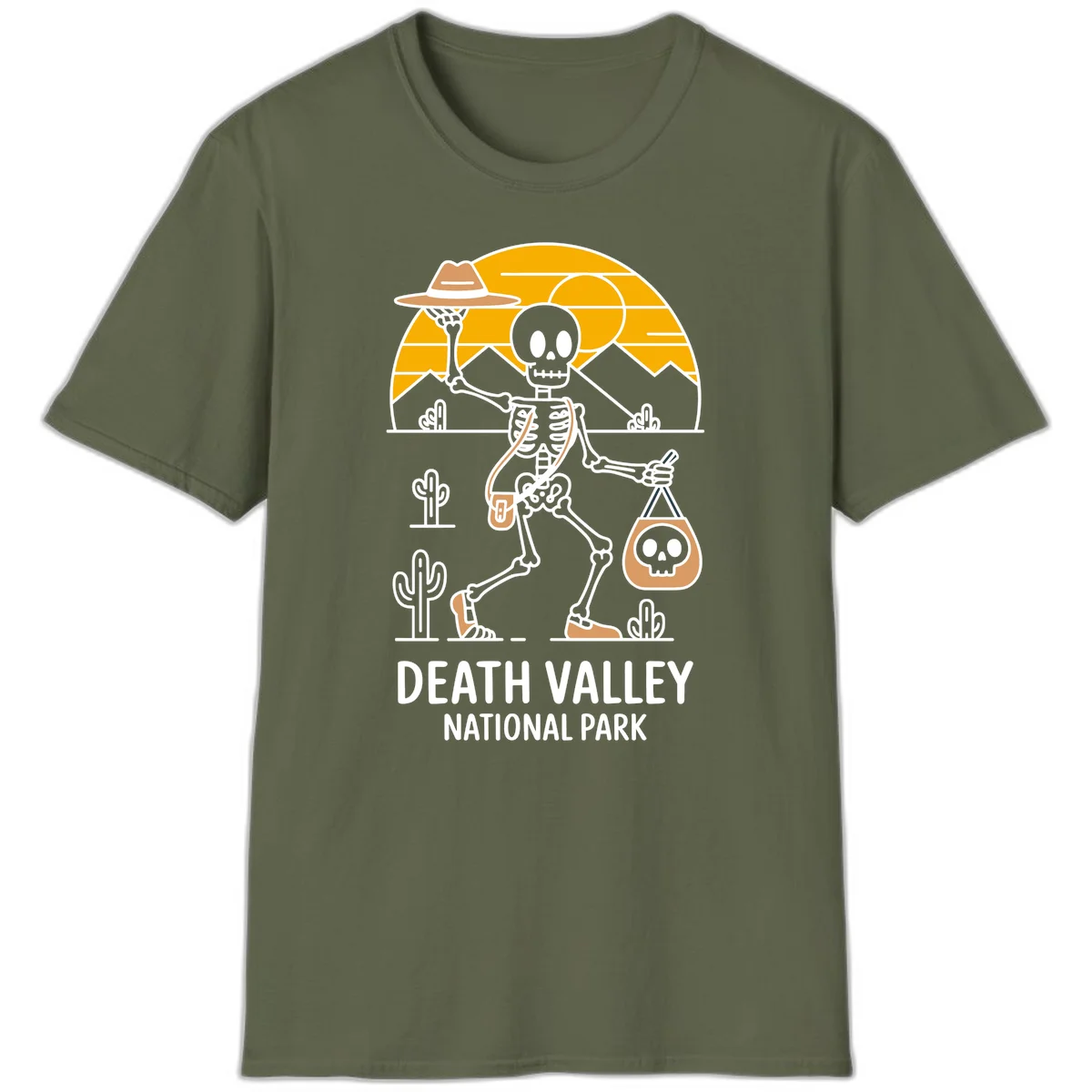 Skeleton cowboy holding skull pouch in Death Valley desert landscape with cacti, mountains, and golden sun rays in Military Green