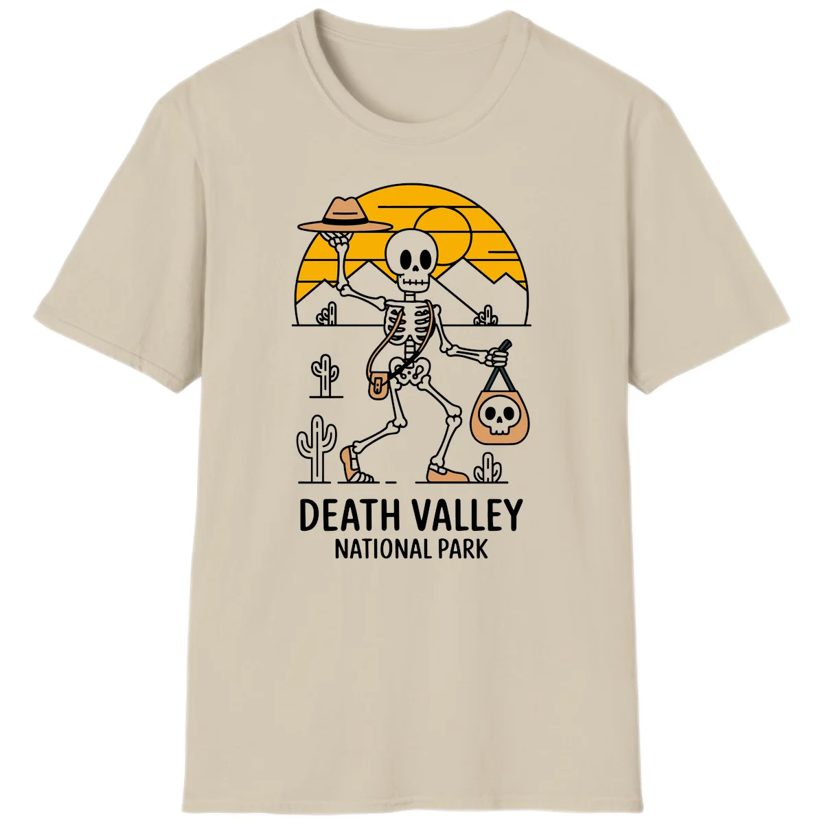 Skeleton cowboy holding skull pouch in Death Valley desert landscape with cacti, mountains, and golden sun rays in Sand