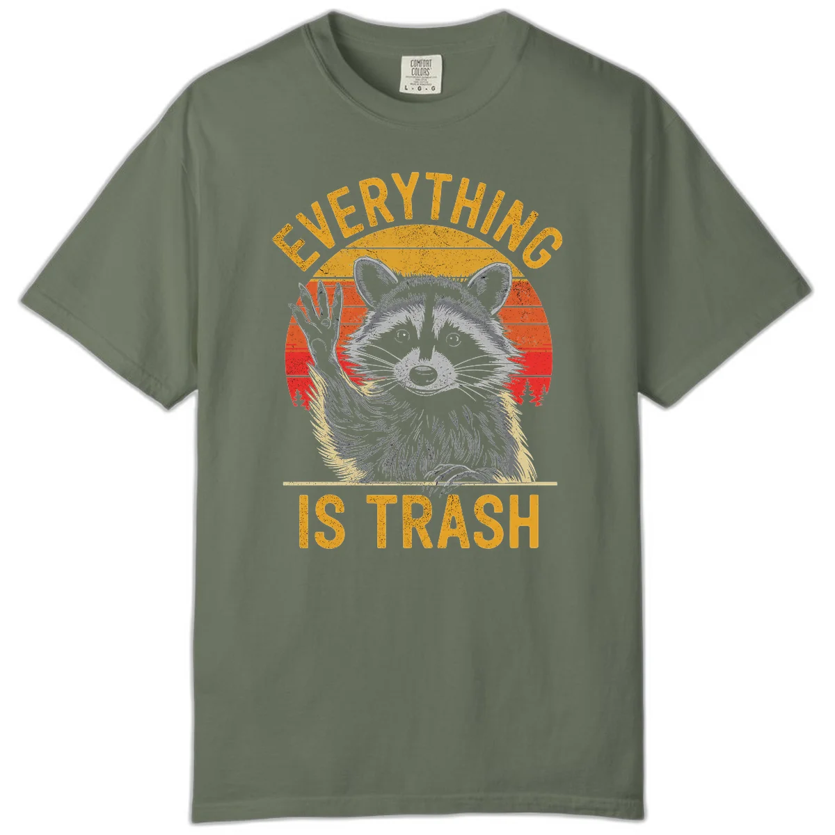 Vintage-style illustration of a raccoon with raised paw against retro sunset stripes, text reading 'Everything Is Trash' in distressed gold lettering in Moss