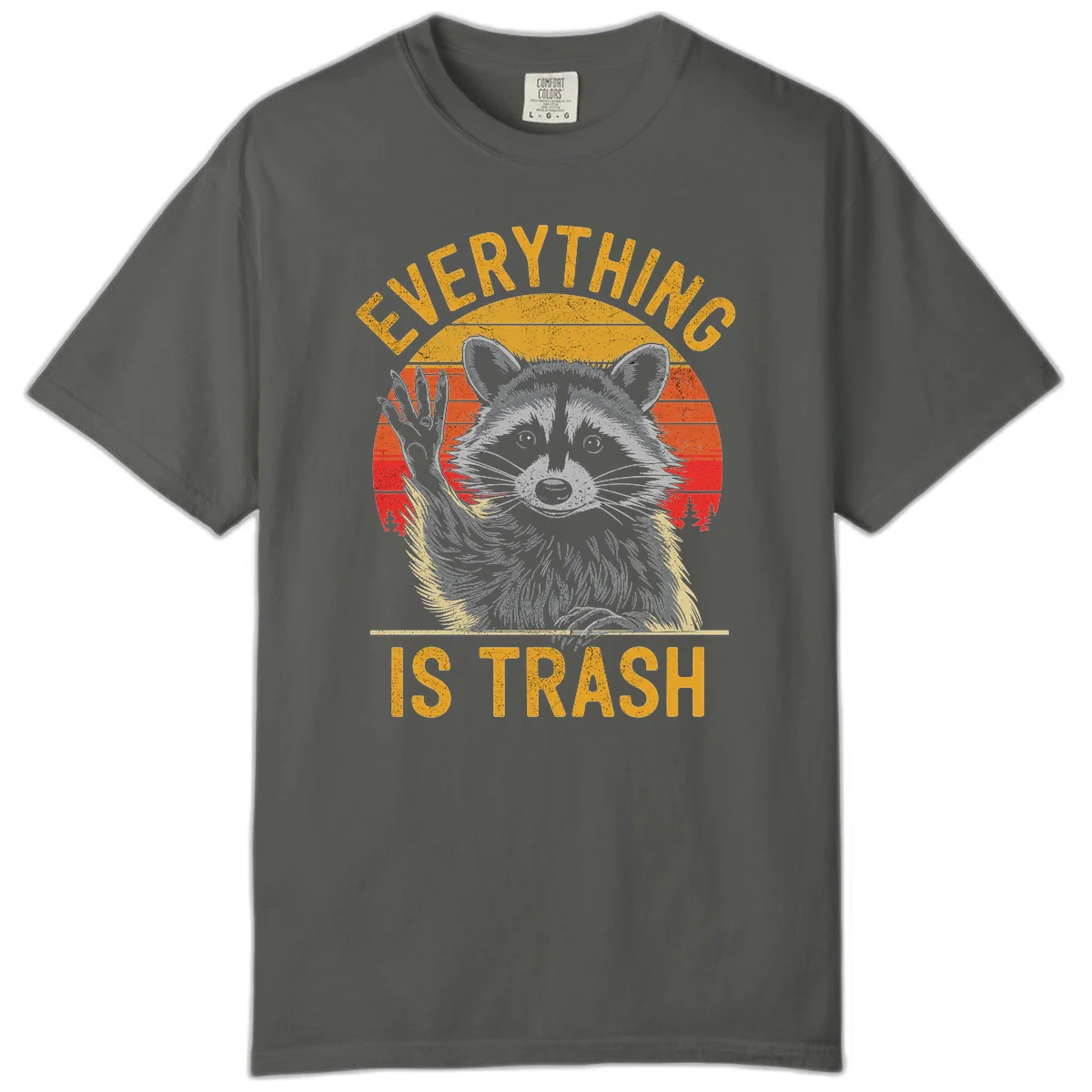 Vintage-style illustration of a raccoon with raised paw against retro sunset stripes, text reading 'Everything Is Trash' in distressed gold lettering in Pepper