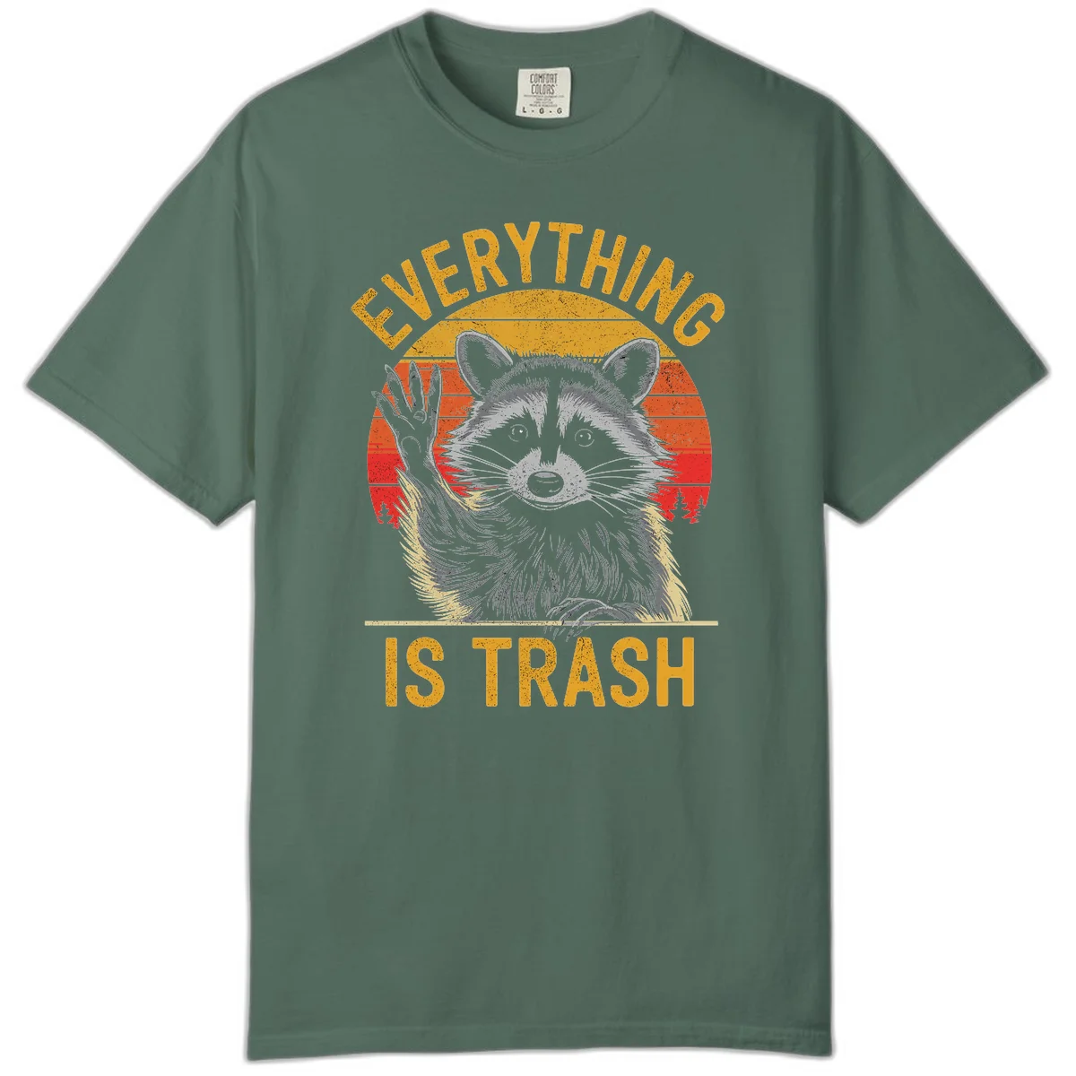 Vintage-style illustration of a raccoon with raised paw against retro sunset stripes, text reading 'Everything Is Trash' in distressed gold lettering in Blue Spruce