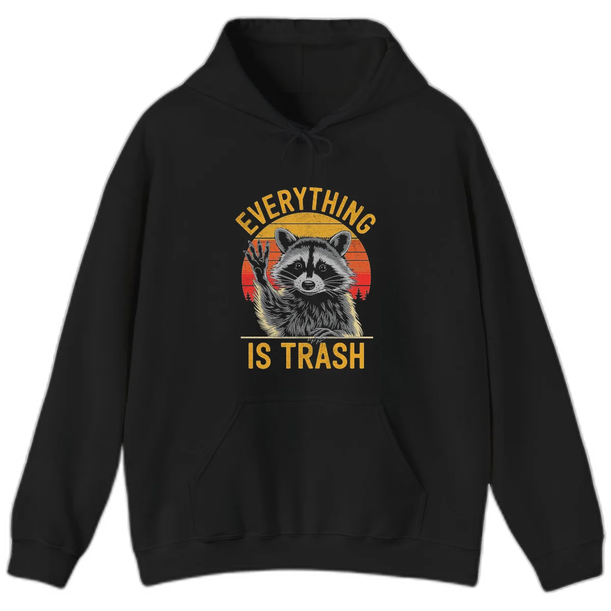 Vintage-style illustration of a raccoon with raised paw against retro sunset stripes, text reading 'Everything Is Trash' in distressed gold lettering in Black