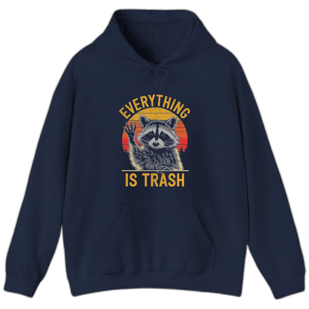 Vintage-style illustration of a raccoon with raised paw against retro sunset stripes, text reading 'Everything Is Trash' in distressed gold lettering in Navy
