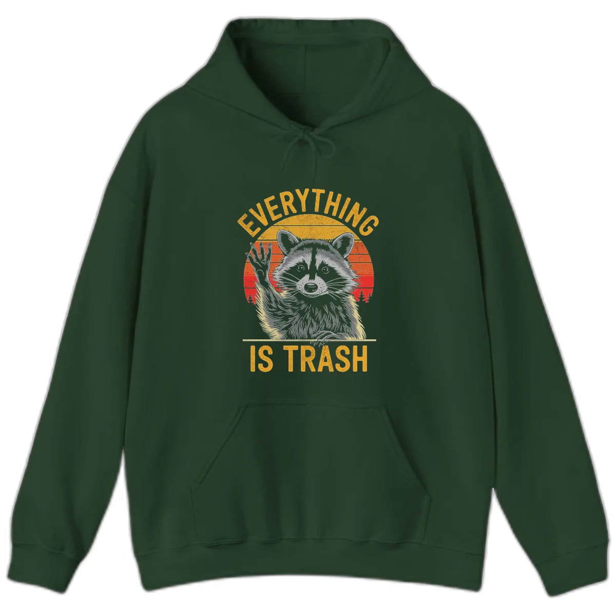 Vintage-style illustration of a raccoon with raised paw against retro sunset stripes, text reading 'Everything Is Trash' in distressed gold lettering in Forest Green