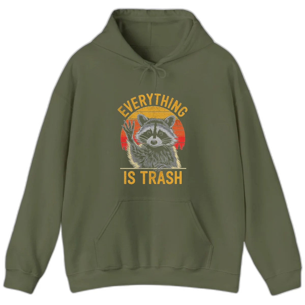 Vintage-style illustration of a raccoon with raised paw against retro sunset stripes, text reading 'Everything Is Trash' in distressed gold lettering in Military Green