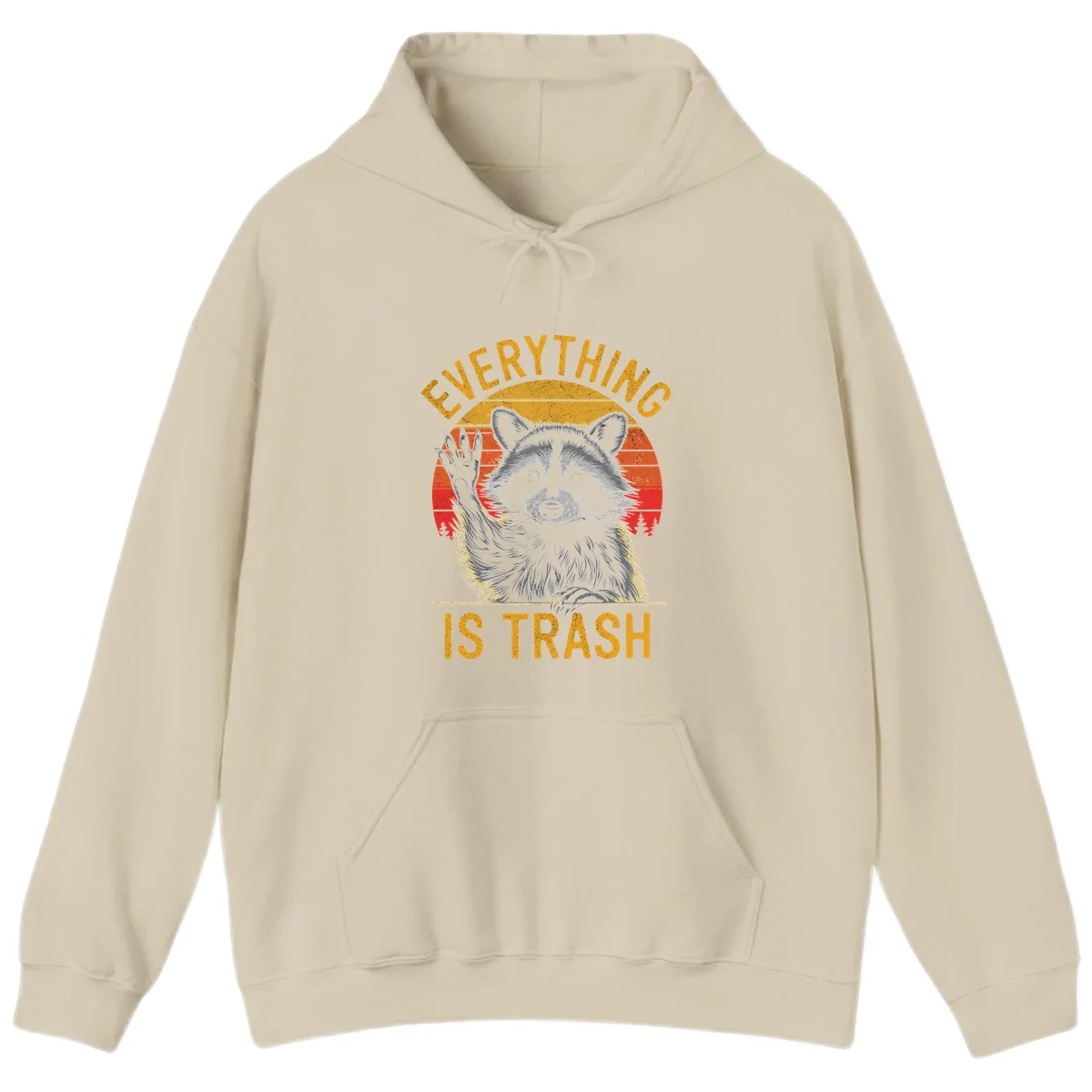 Vintage-style illustration of a raccoon with raised paw against retro sunset stripes, text reading 'Everything Is Trash' in distressed gold lettering in Sand