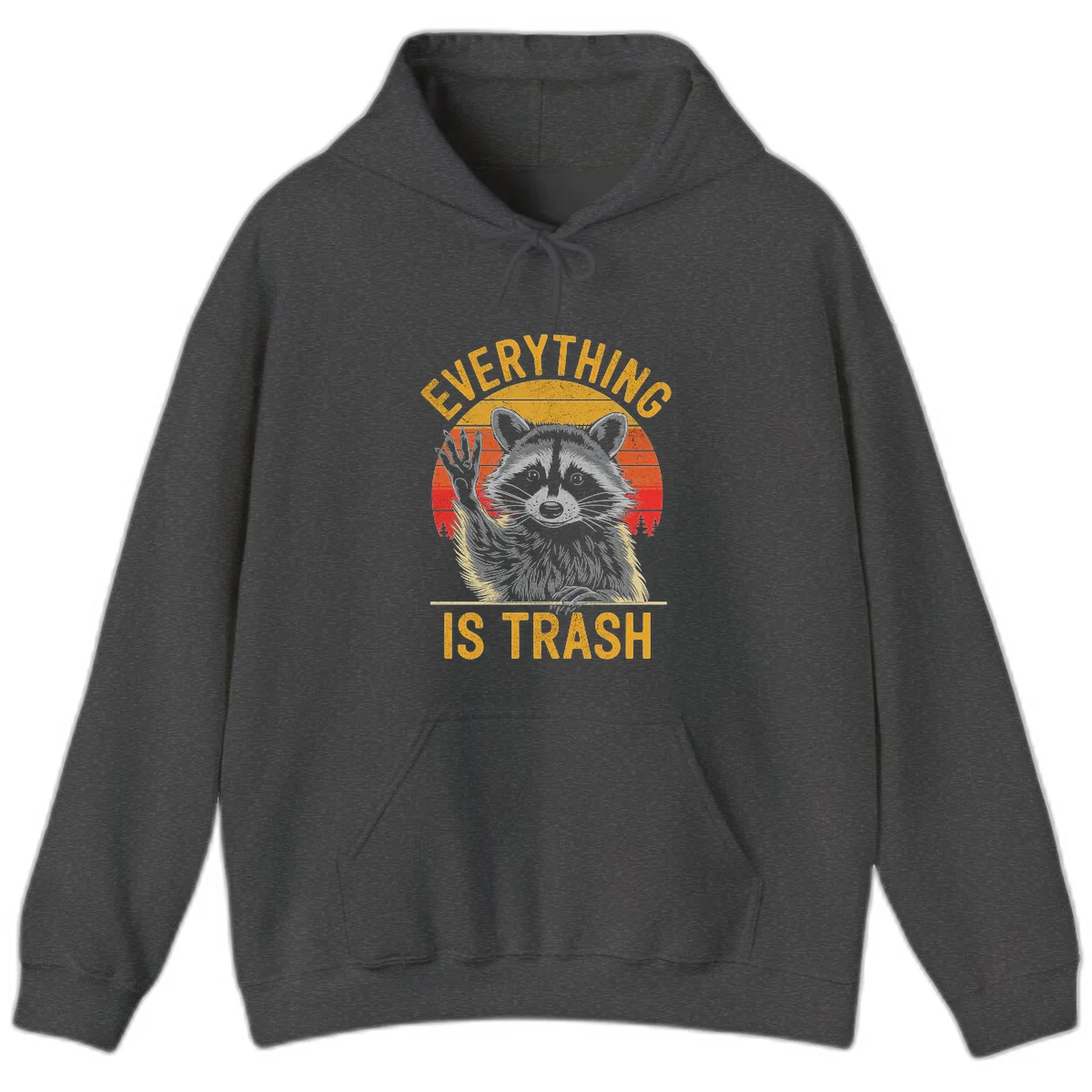 Vintage-style illustration of a raccoon with raised paw against retro sunset stripes, text reading 'Everything Is Trash' in distressed gold lettering in Dark Heather