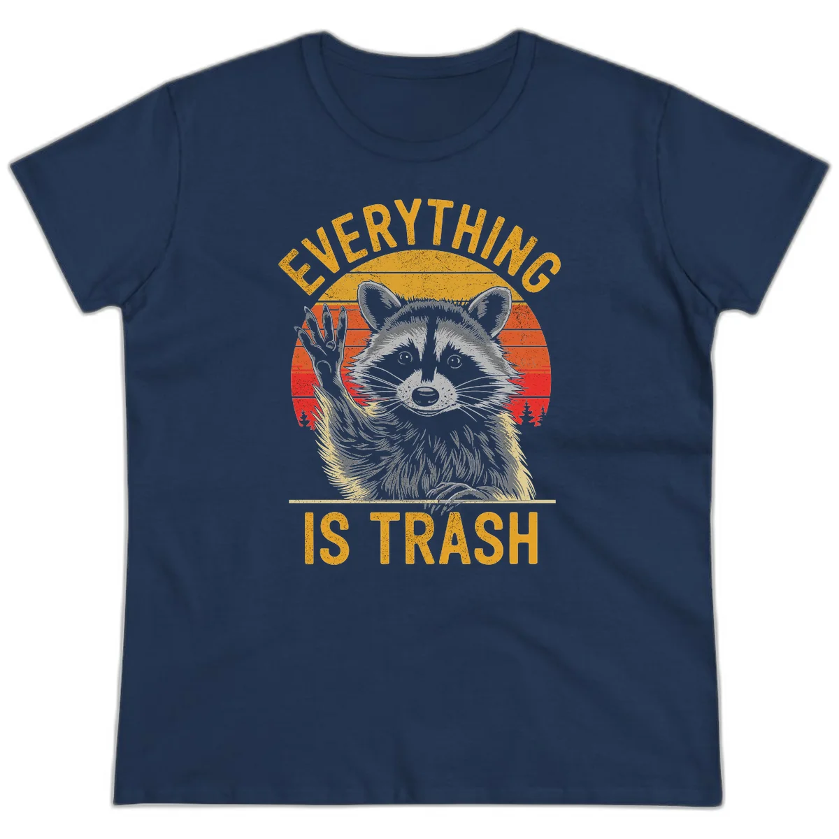 Vintage-style illustration of a raccoon with raised paw against retro sunset stripes, text reading 'Everything Is Trash' in distressed gold lettering in Navy