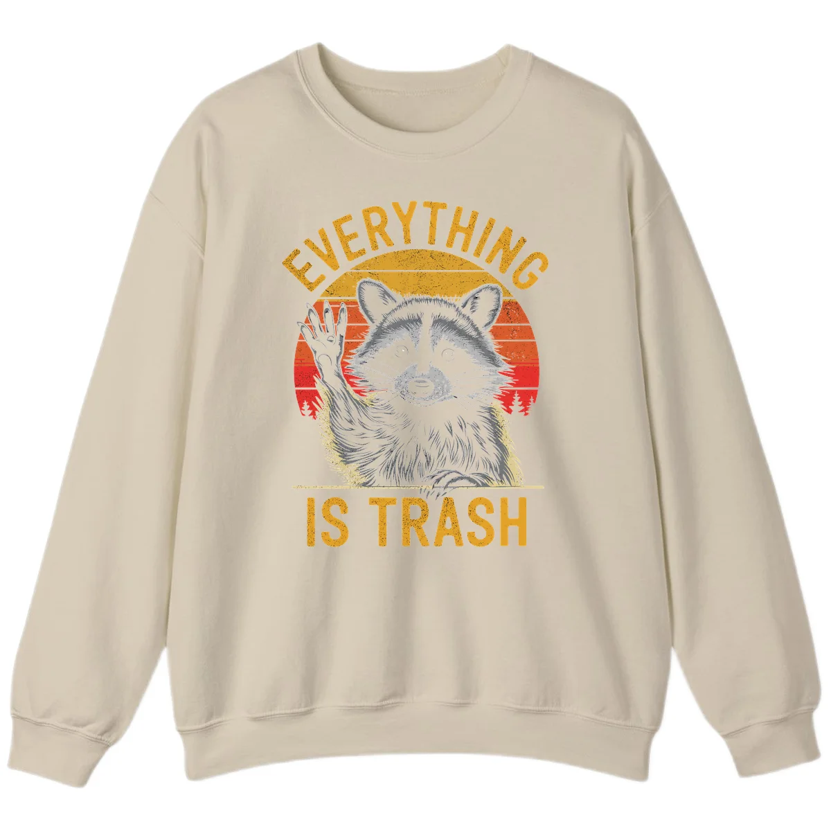 Vintage-style illustration of a raccoon with raised paw against retro sunset stripes, text reading 'Everything Is Trash' in distressed gold lettering in Sand