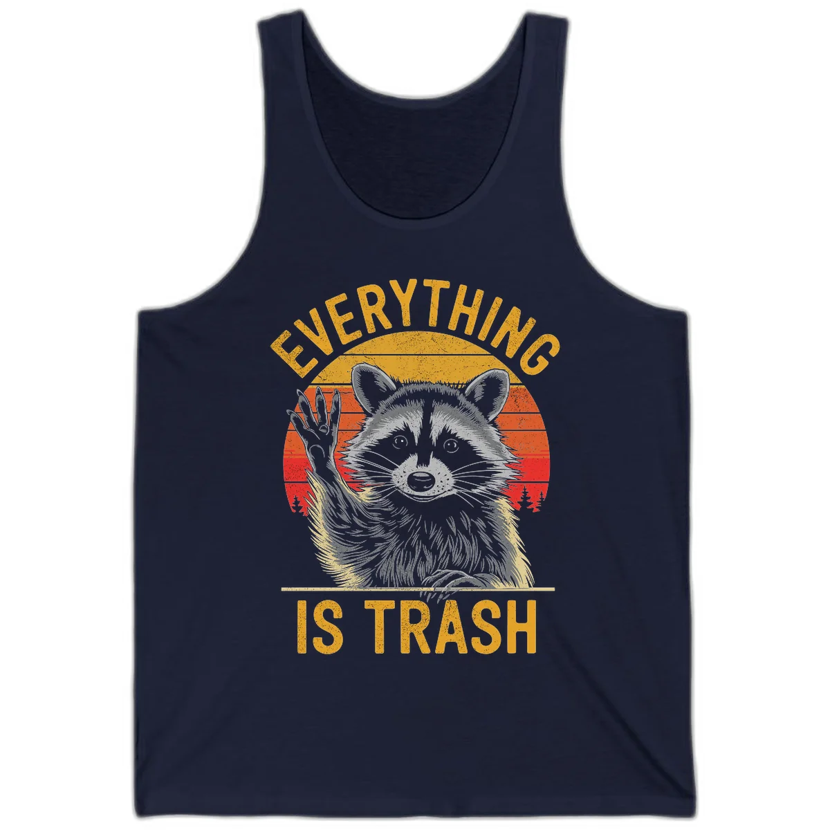 Vintage-style illustration of a raccoon with raised paw against retro sunset stripes, text reading 'Everything Is Trash' in distressed gold lettering in Navy