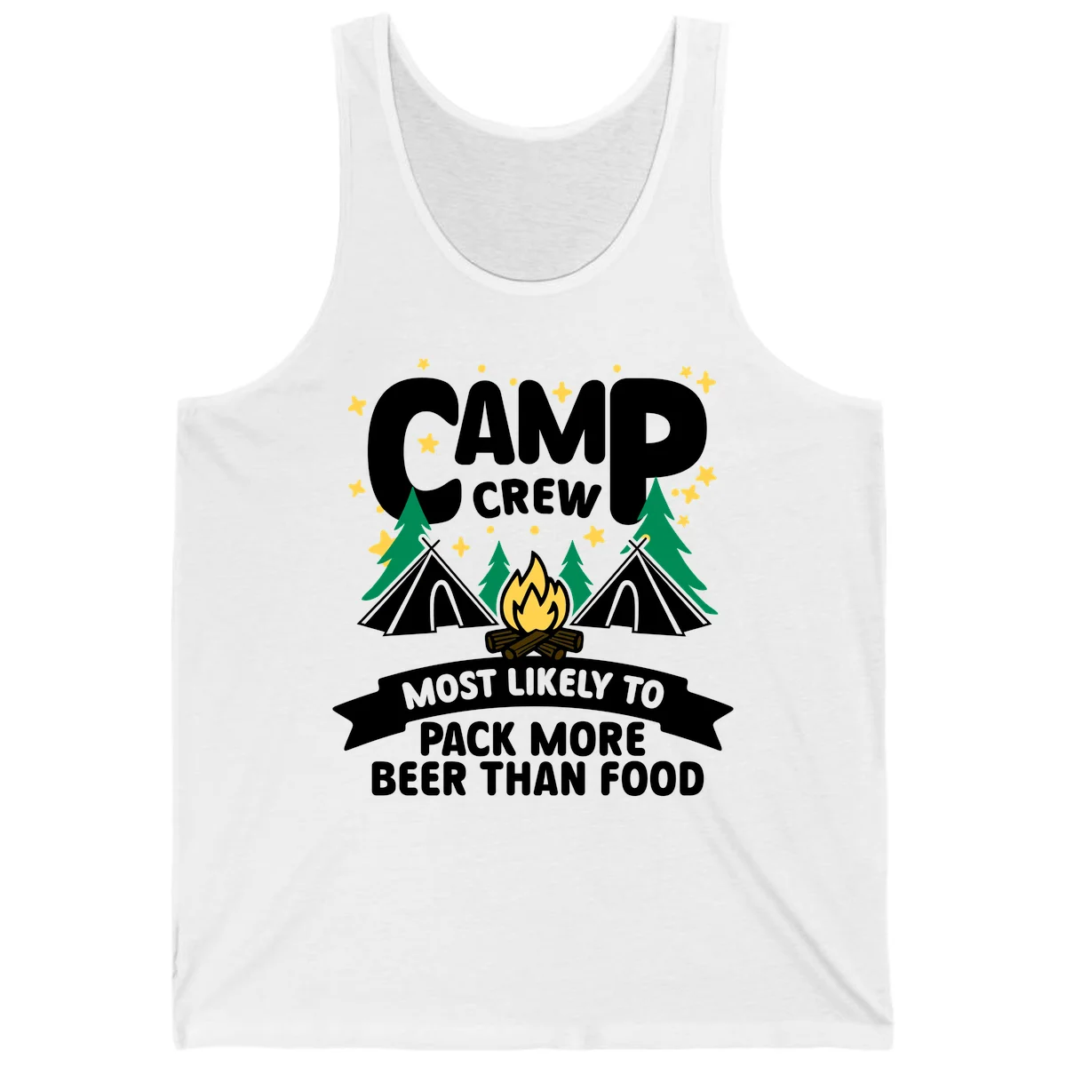 Camp crew design with tents, campfire, and stars, text reads 'most likely to pack more beer than food' in White