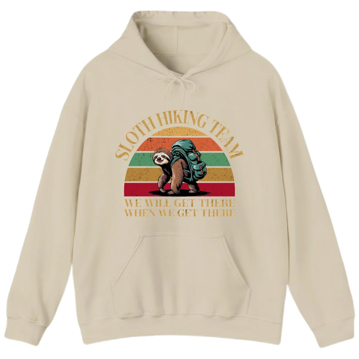 Retro vintage sloth with backpack on rainbow striped background with hiking text saying we will get there when we get there in Sand