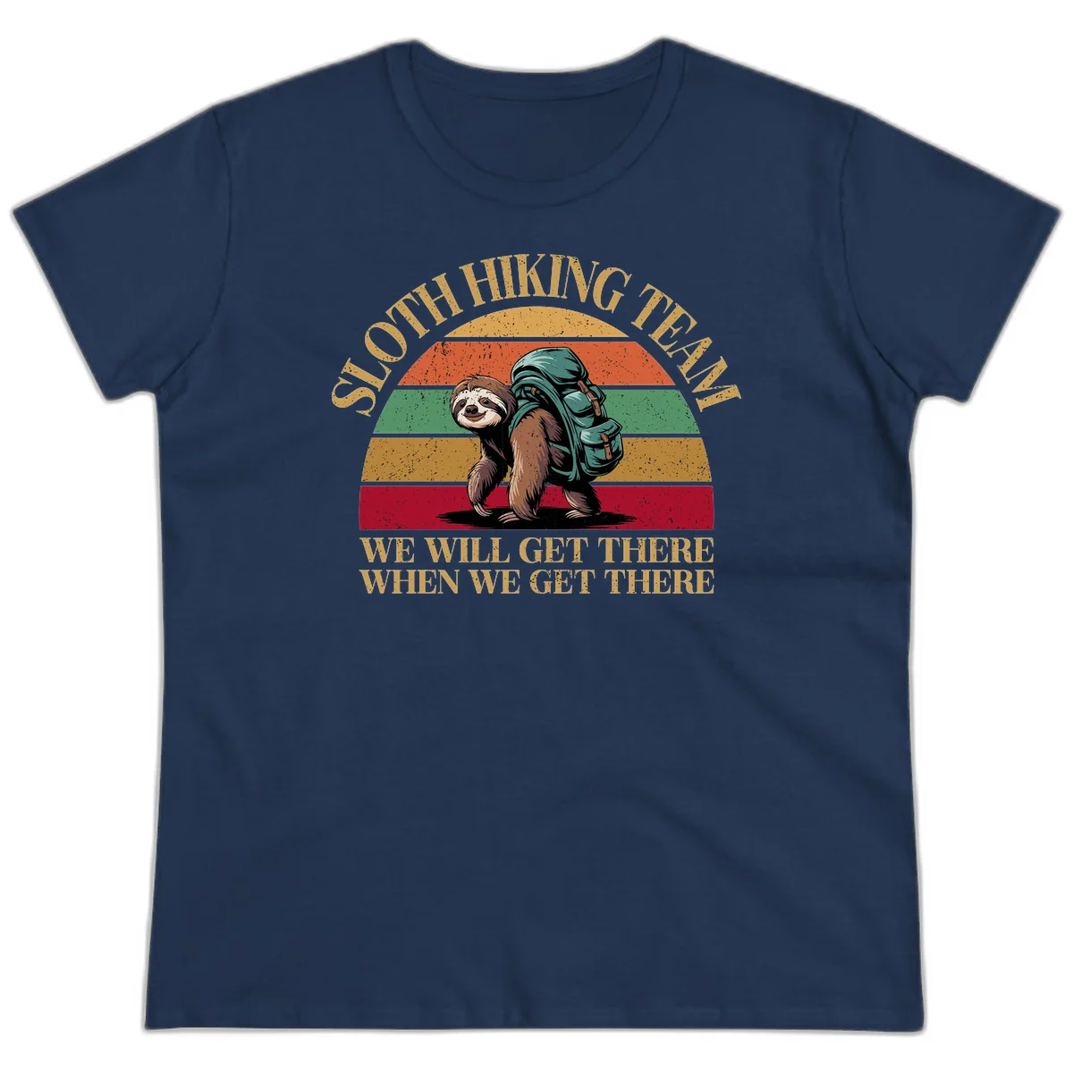Retro vintage sloth with backpack on rainbow striped background with hiking text saying we will get there when we get there in Navy