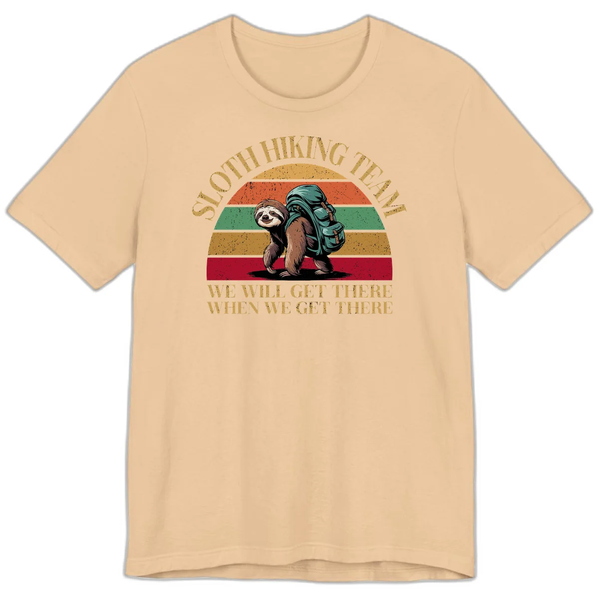 Retro vintage sloth with backpack on rainbow striped background with hiking text saying we will get there when we get there in Sand Dune