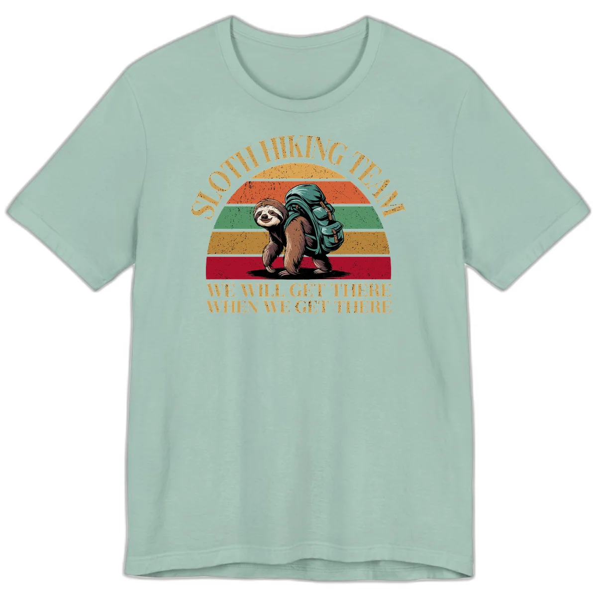 Retro vintage sloth with backpack on rainbow striped background with hiking text saying we will get there when we get there in Dusty Blue