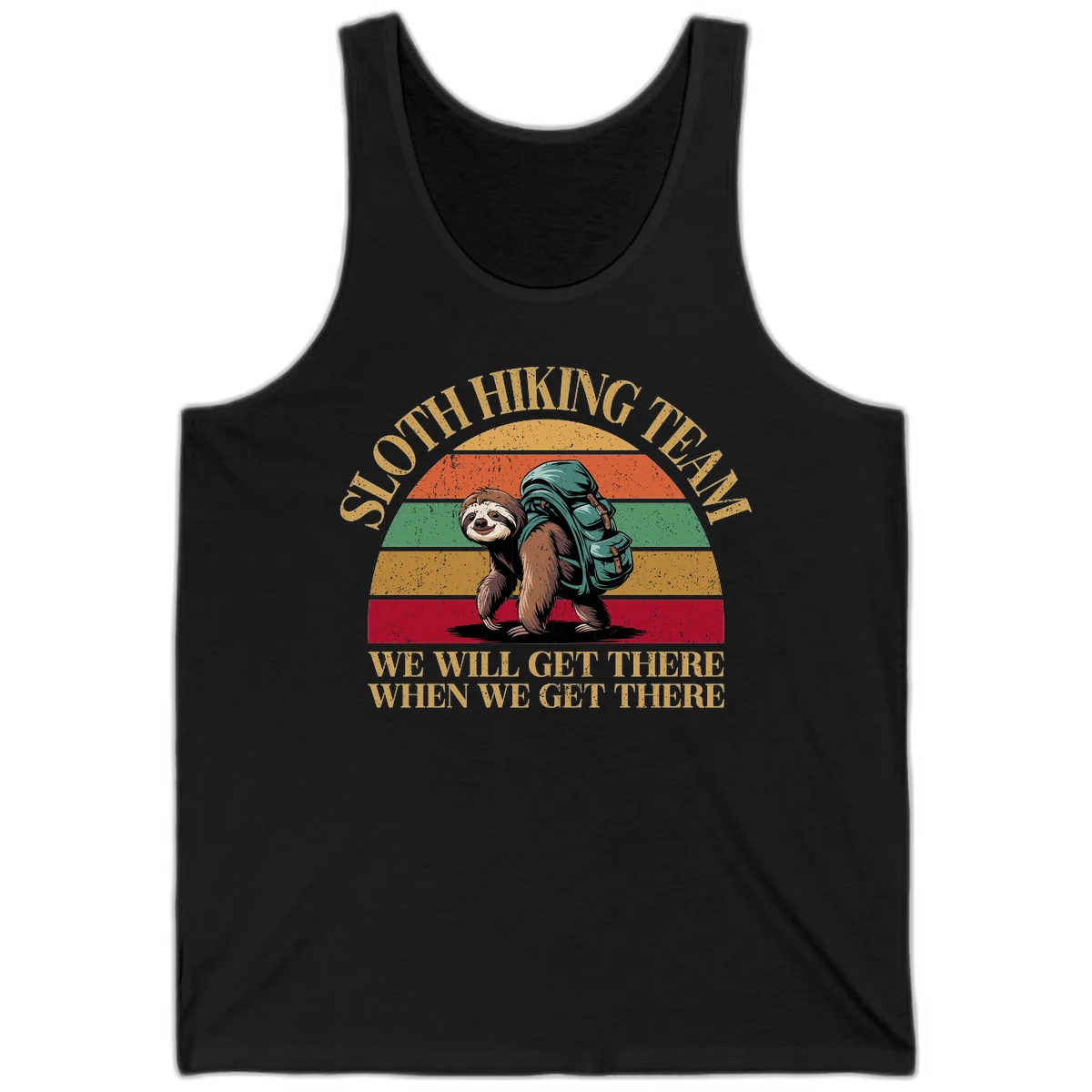 Retro vintage sloth with backpack on rainbow striped background with hiking text saying we will get there when we get there in Black