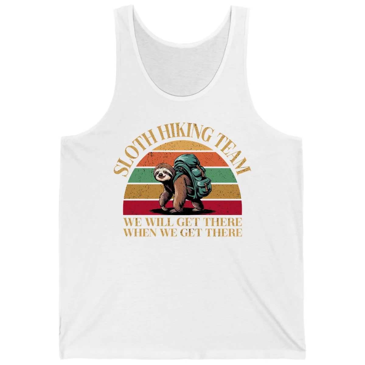 Retro vintage sloth with backpack on rainbow striped background with hiking text saying we will get there when we get there in White