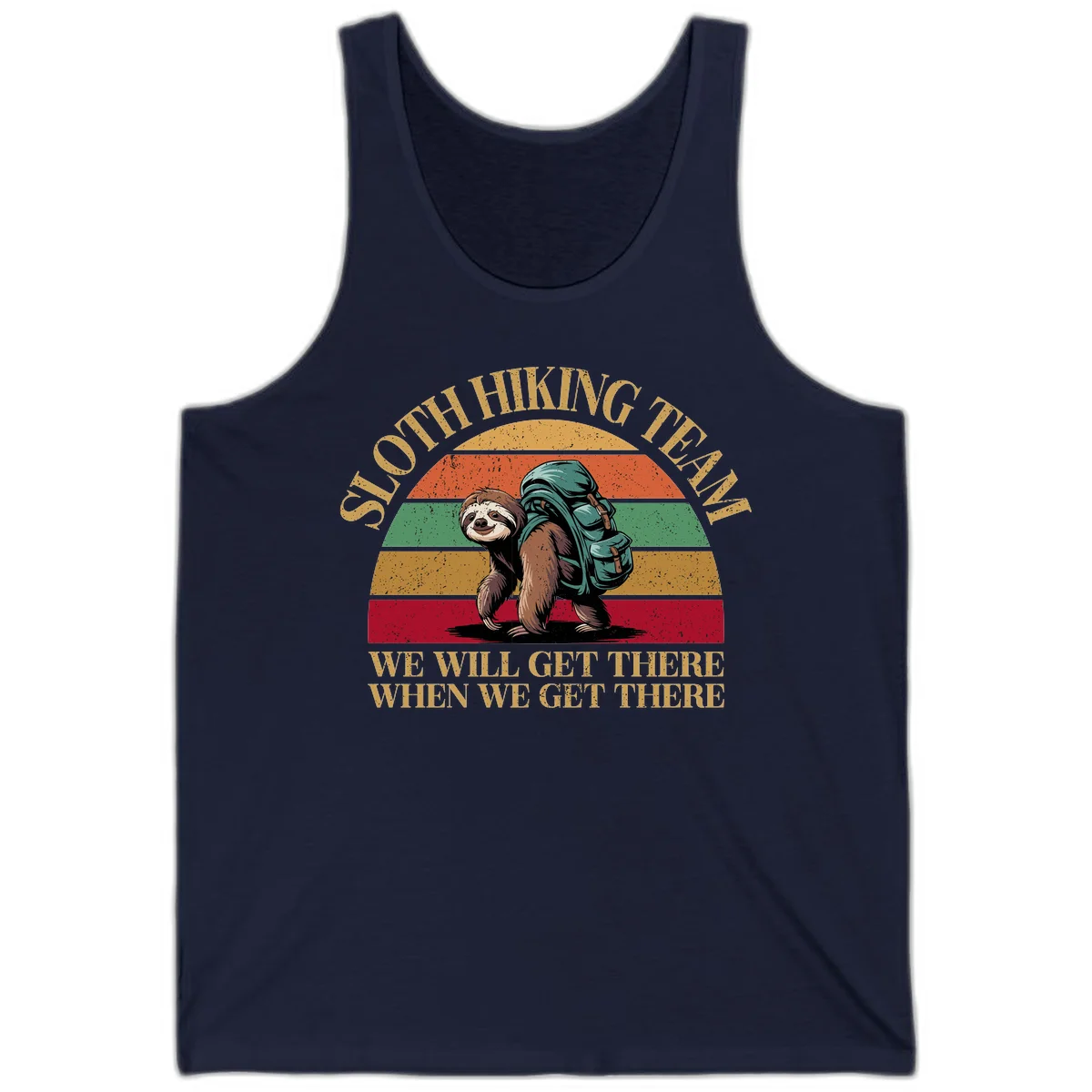 Retro vintage sloth with backpack on rainbow striped background with hiking text saying we will get there when we get there in Navy