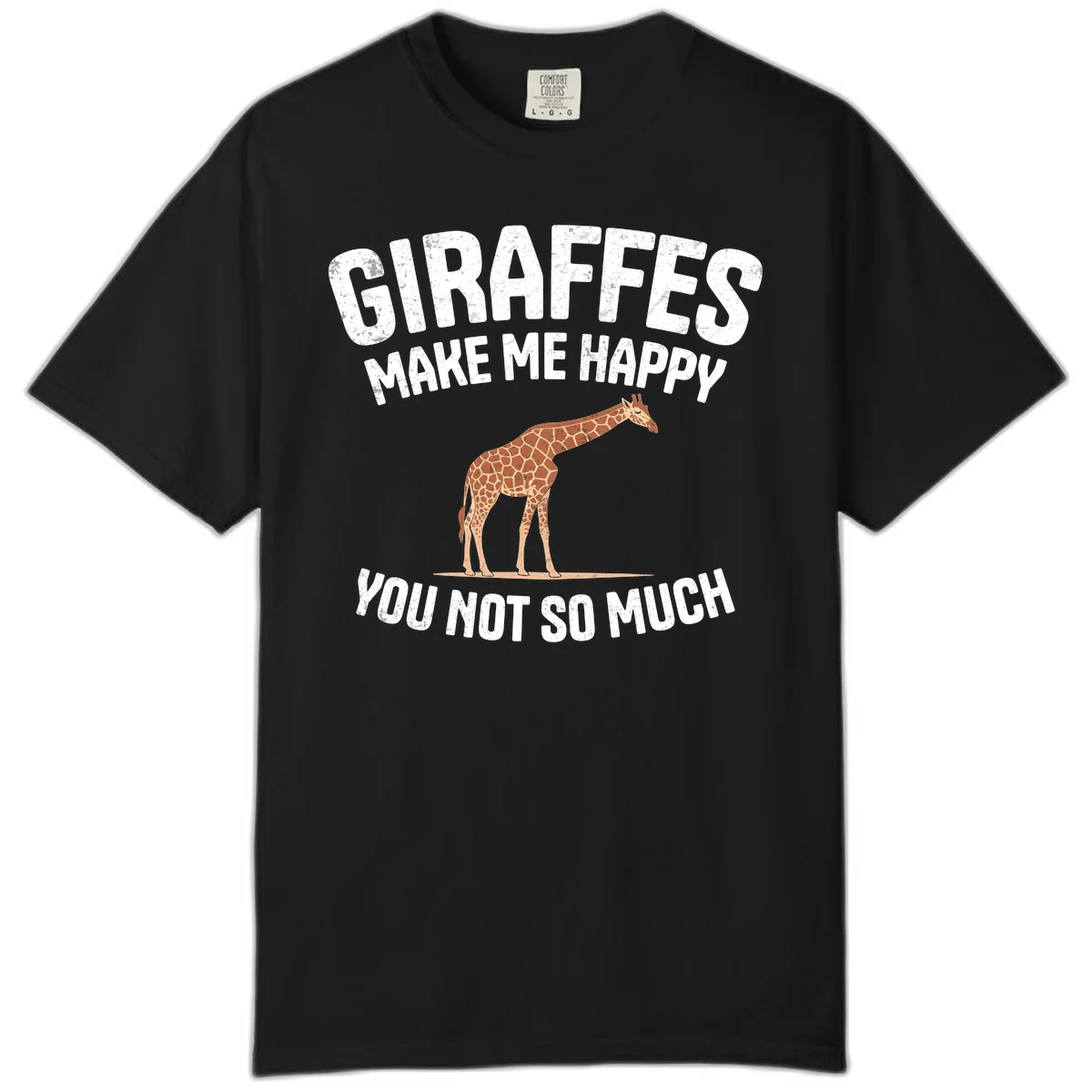 Giraffe make me happy design with distressed white text on gray background, humorous introvert-themed illustration in Black