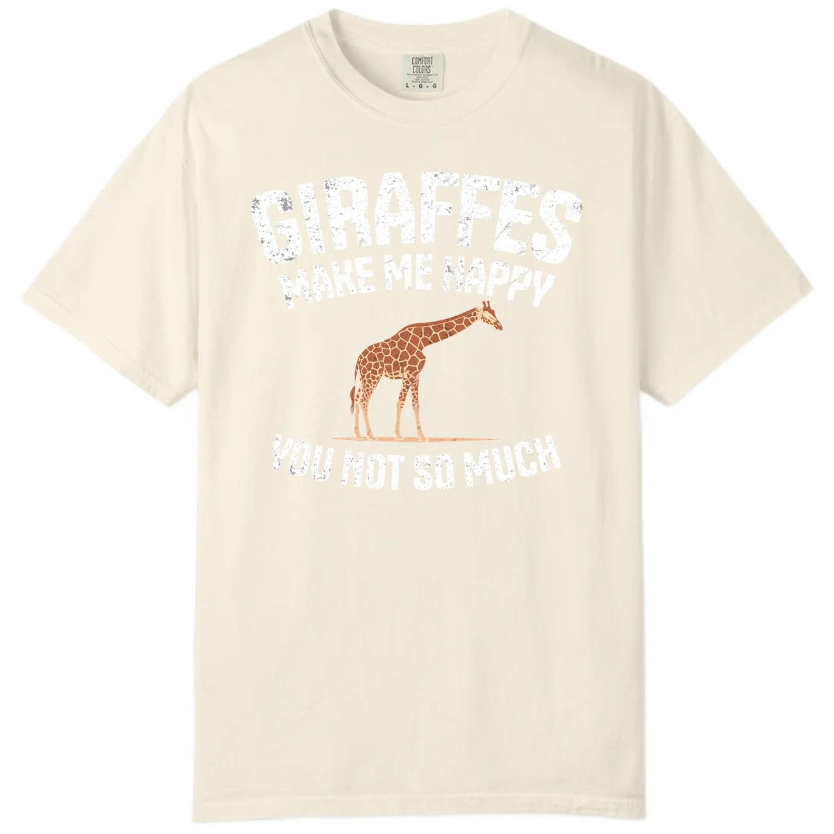 Giraffe make me happy design with distressed white text on gray background, humorous introvert-themed illustration in Ivory