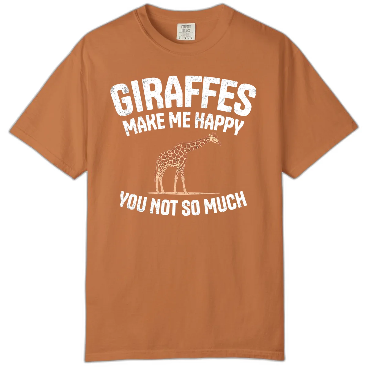 Giraffe make me happy design with distressed white text on gray background, humorous introvert-themed illustration in Yam