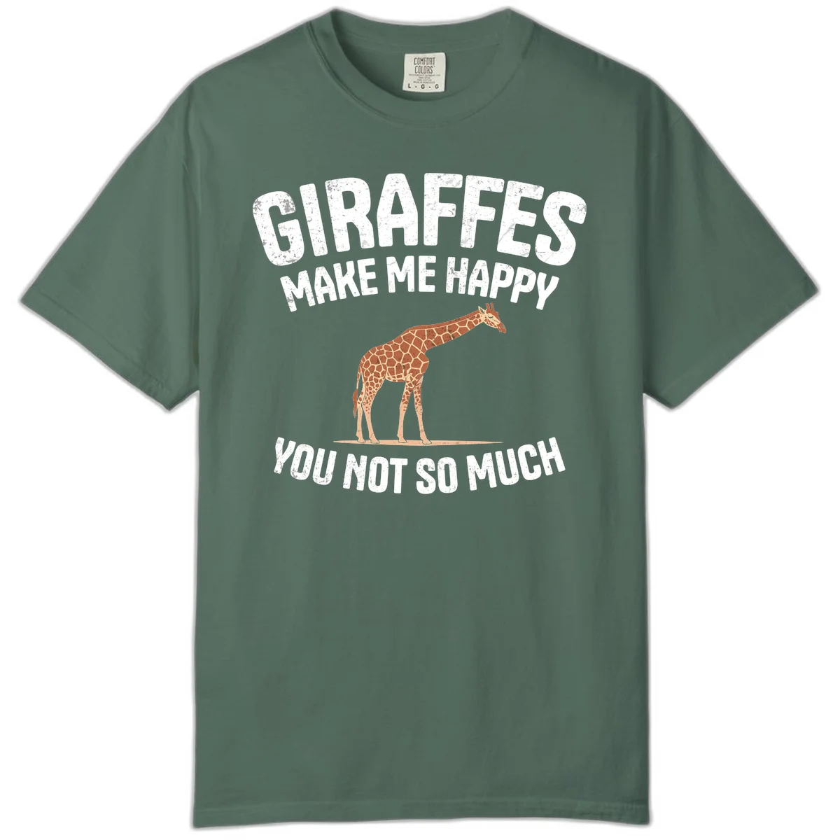 Giraffe make me happy design with distressed white text on gray background, humorous introvert-themed illustration in Blue Spruce