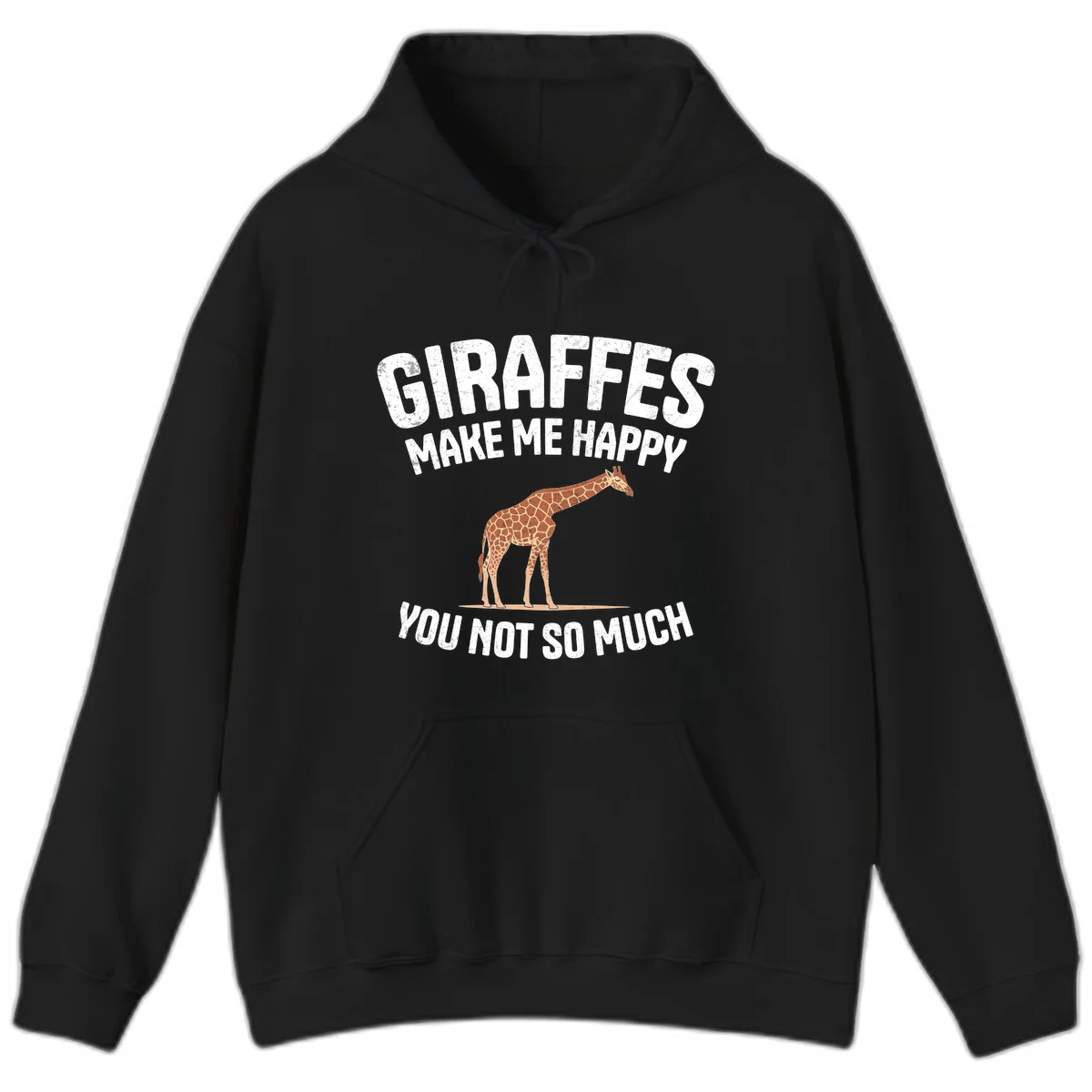 Giraffe make me happy design with distressed white text on gray background, humorous introvert-themed illustration in Black
