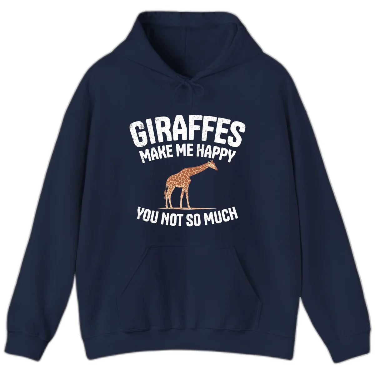 Giraffe make me happy design with distressed white text on gray background, humorous introvert-themed illustration in Navy