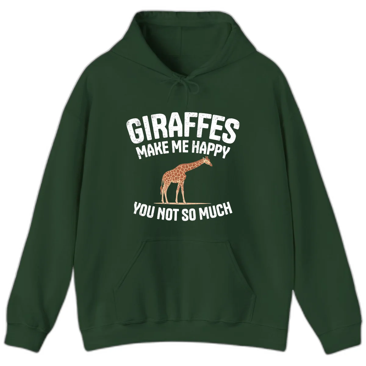 Giraffe make me happy design with distressed white text on gray background, humorous introvert-themed illustration in Forest Green