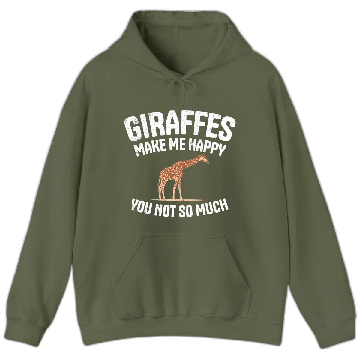 Giraffe make me happy design with distressed white text on gray background, humorous introvert-themed illustration in Military Green