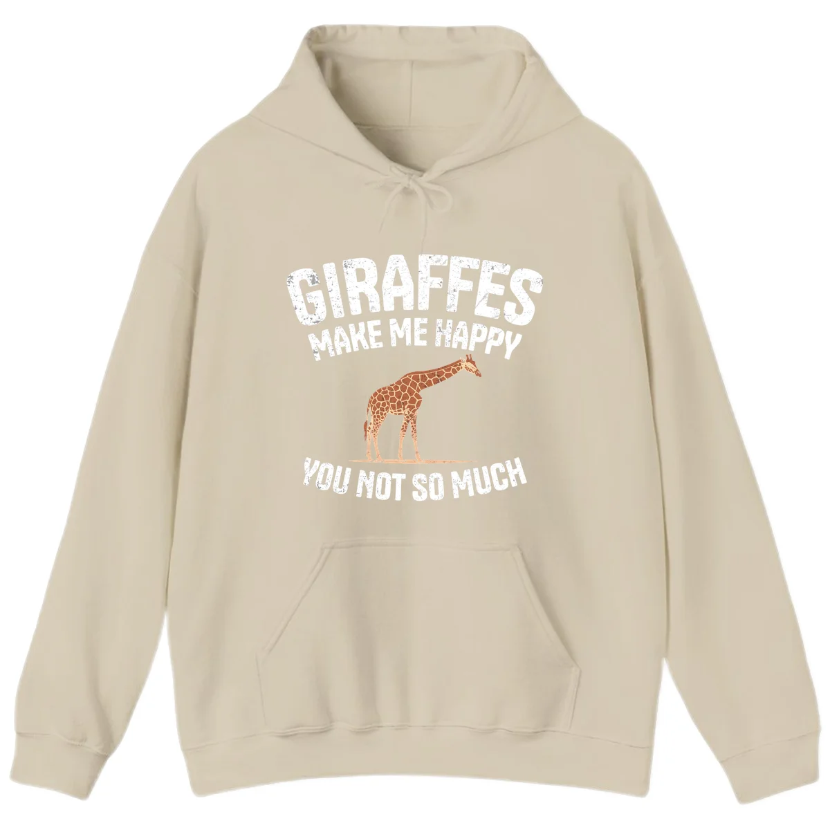 Giraffe make me happy design with distressed white text on gray background, humorous introvert-themed illustration in Sand