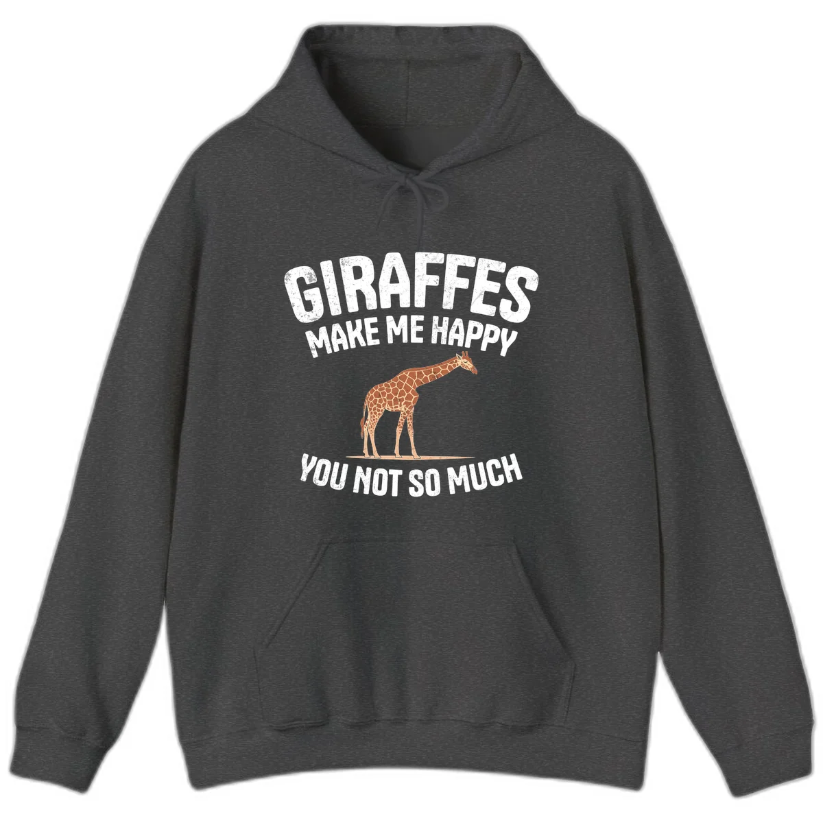Giraffe make me happy design with distressed white text on gray background, humorous introvert-themed illustration in Dark Heather