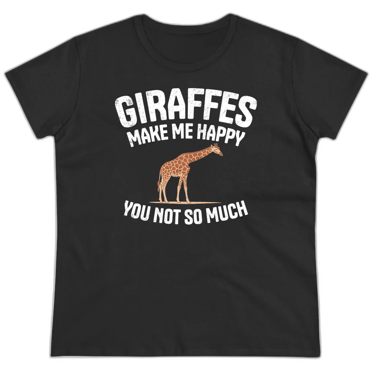 Giraffe make me happy design with distressed white text on gray background, humorous introvert-themed illustration in Black