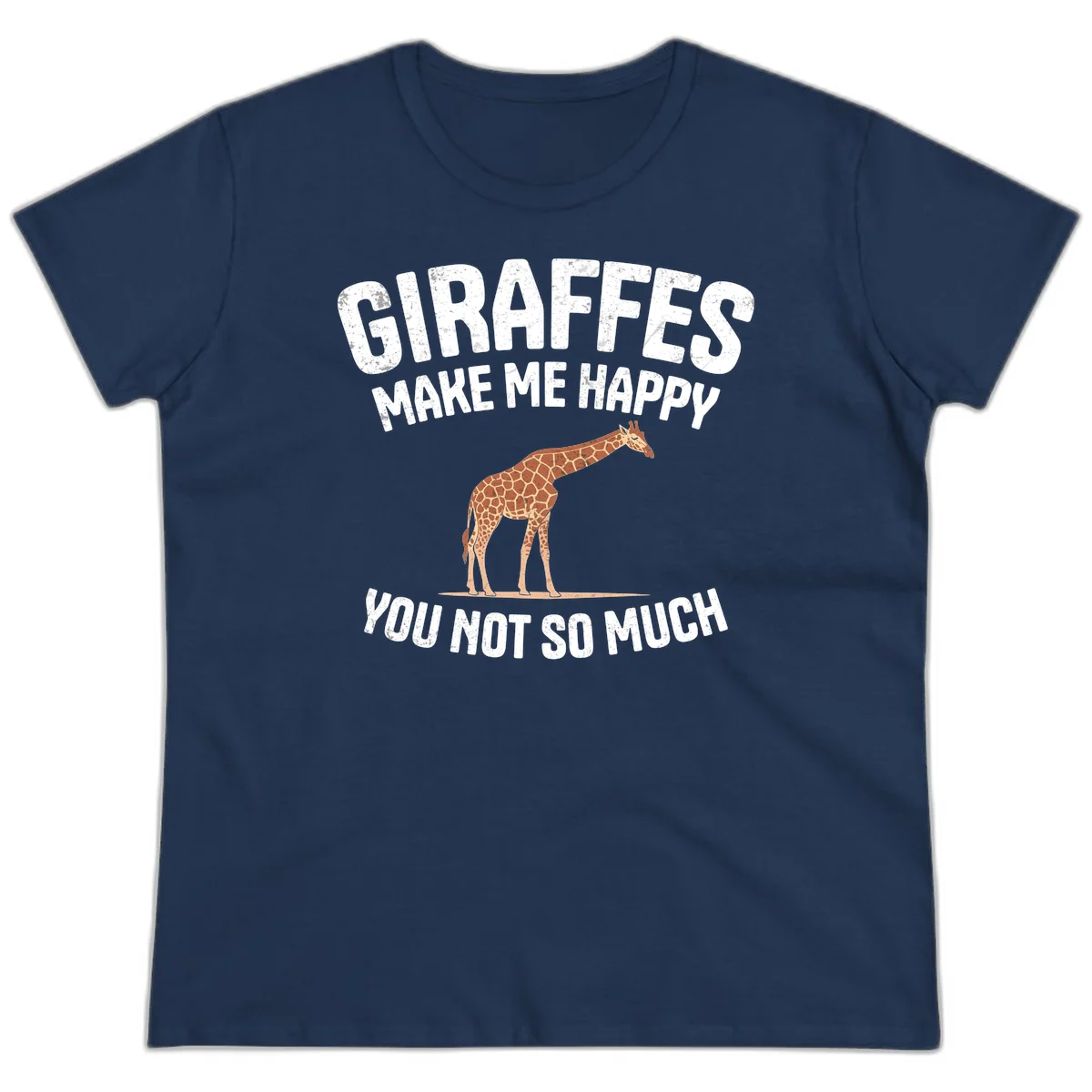 Giraffe make me happy design with distressed white text on gray background, humorous introvert-themed illustration in Navy
