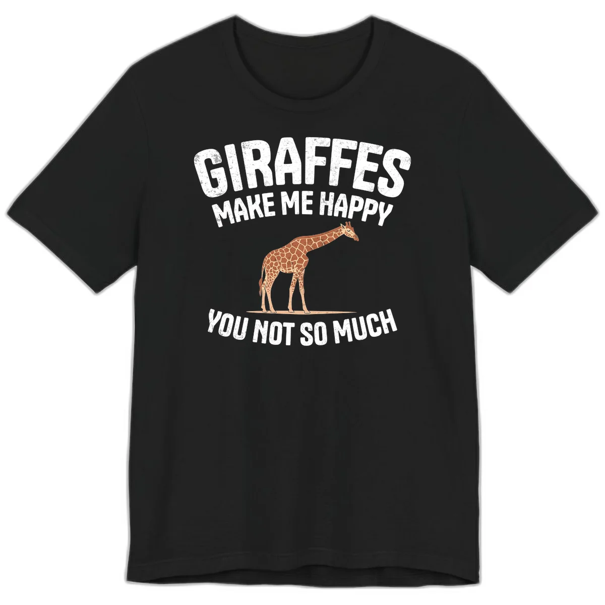 Giraffe make me happy design with distressed white text on gray background, humorous introvert-themed illustration in Black