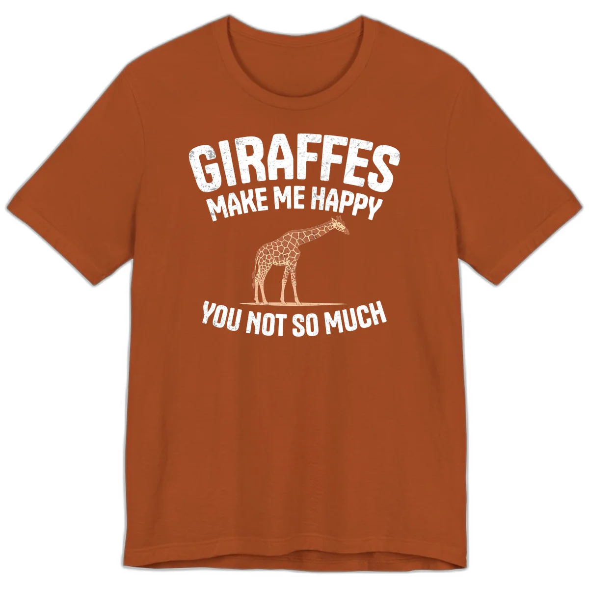 Giraffe make me happy design with distressed white text on gray background, humorous introvert-themed illustration in Autumn