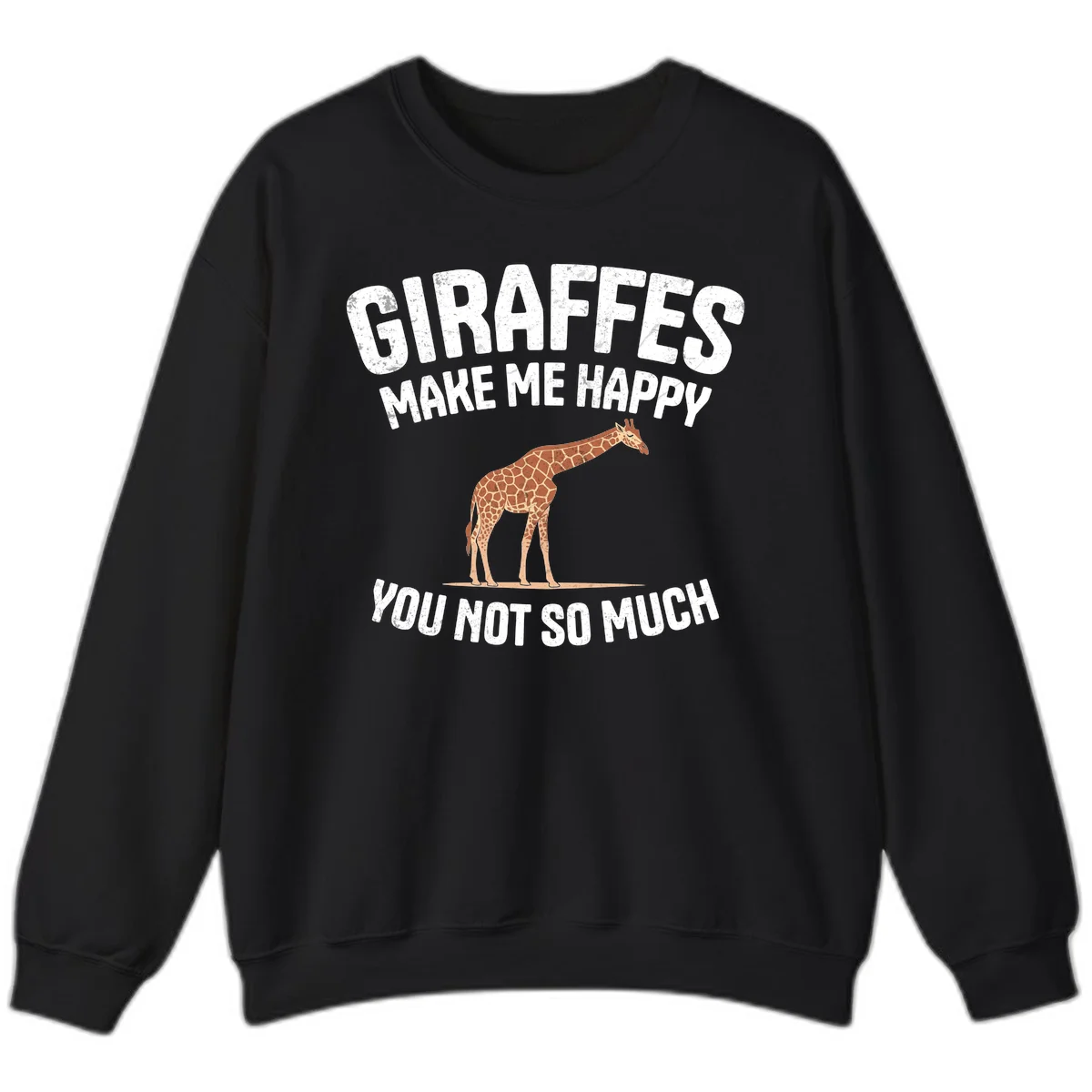 Giraffe make me happy design with distressed white text on gray background, humorous introvert-themed illustration in Black
