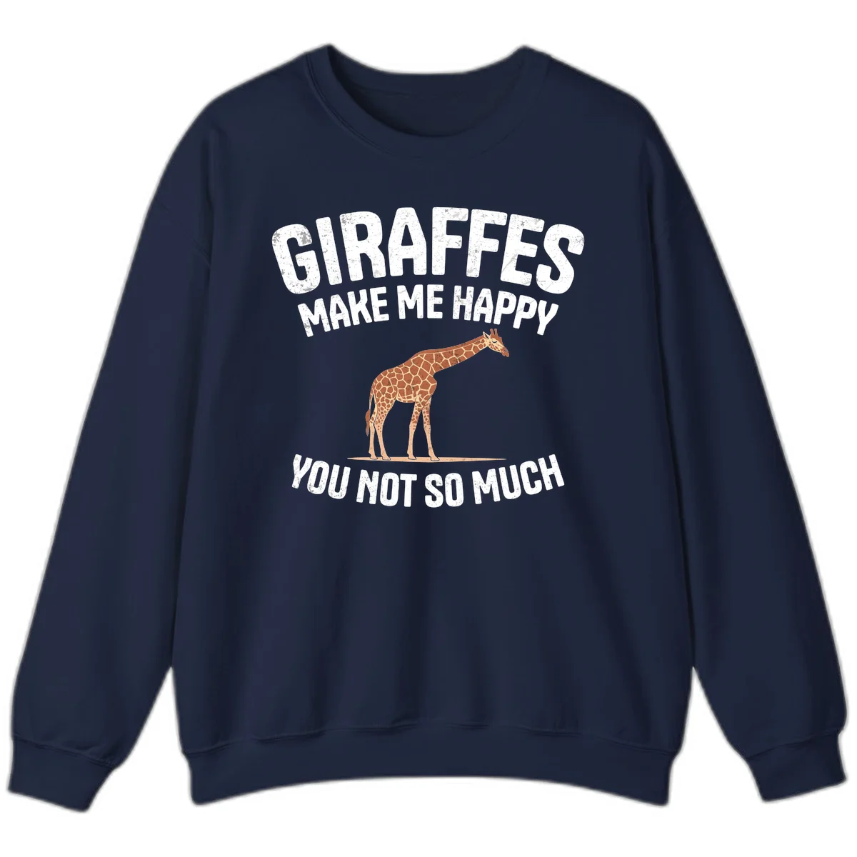 Giraffe make me happy design with distressed white text on gray background, humorous introvert-themed illustration in Navy