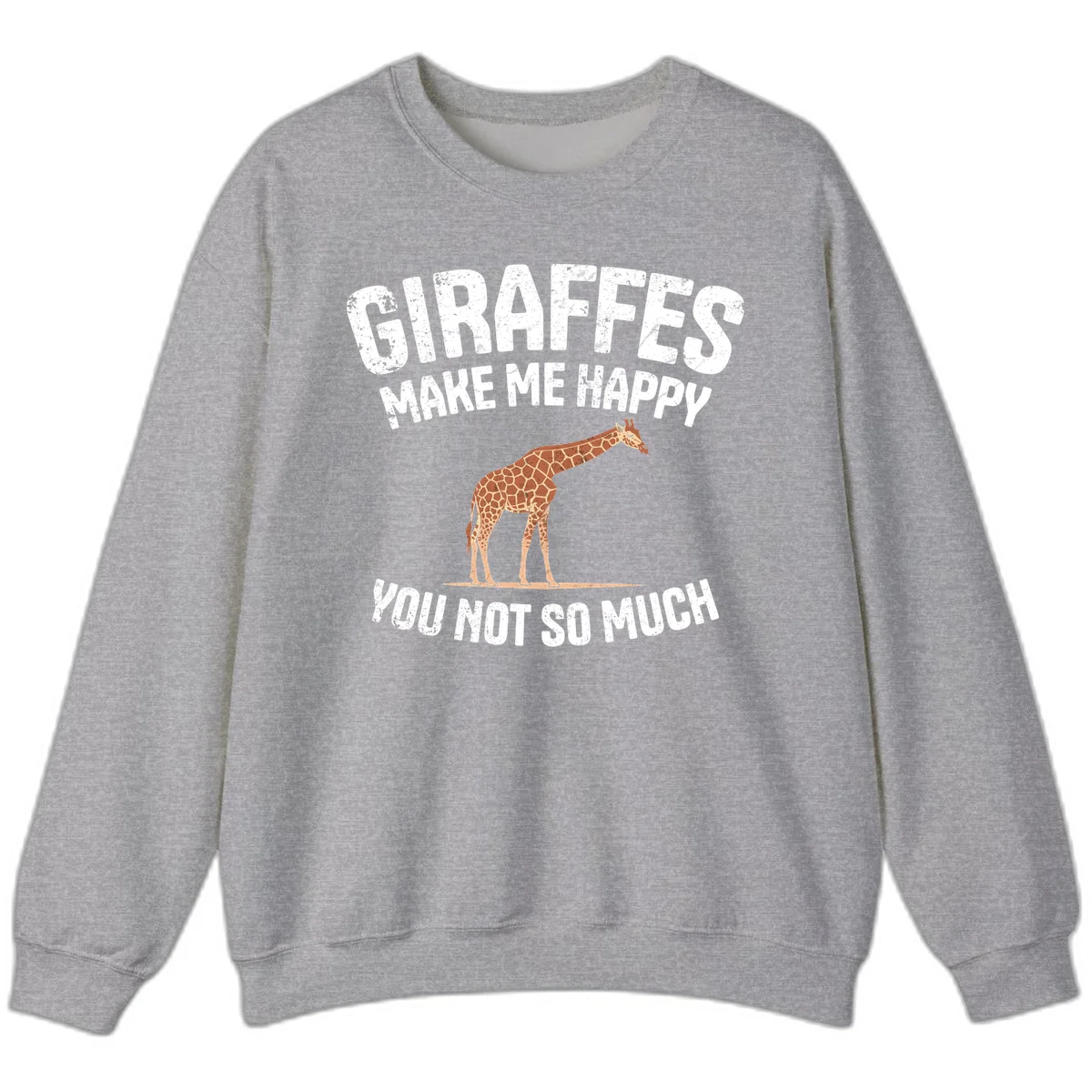 Giraffe make me happy design with distressed white text on gray background, humorous introvert-themed illustration in Sport Grey