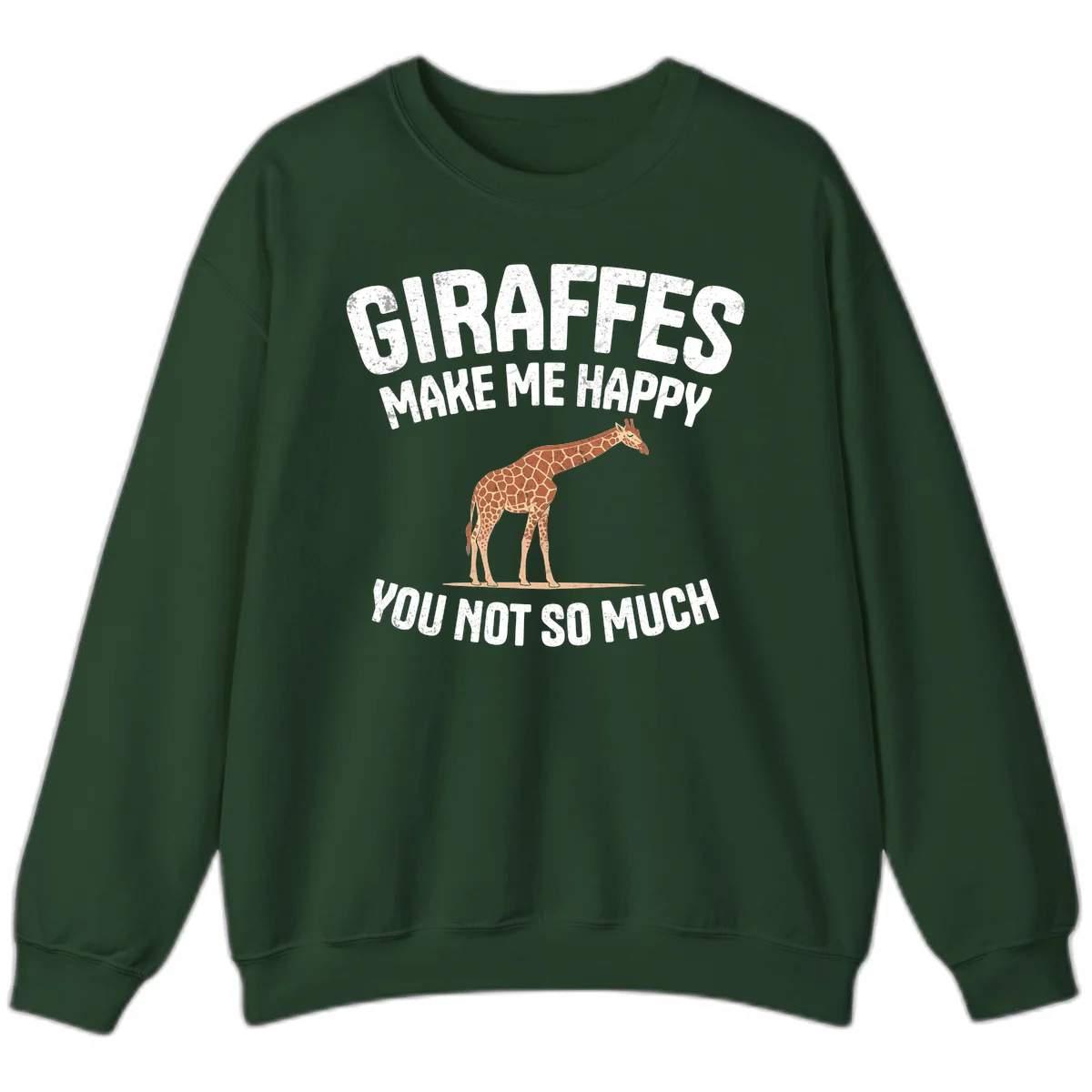 Giraffe make me happy design with distressed white text on gray background, humorous introvert-themed illustration in Forest Green