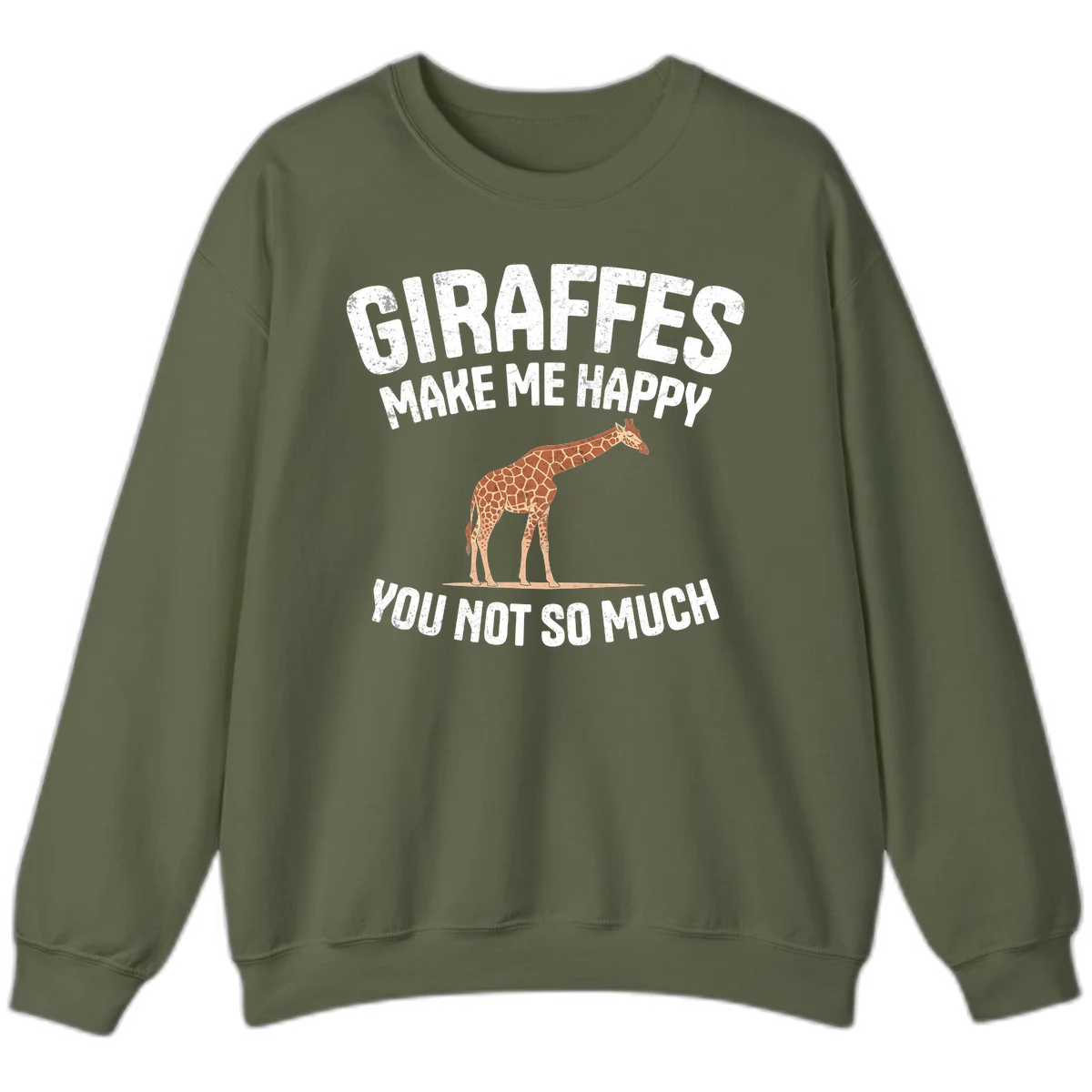 Giraffe make me happy design with distressed white text on gray background, humorous introvert-themed illustration in Military Green