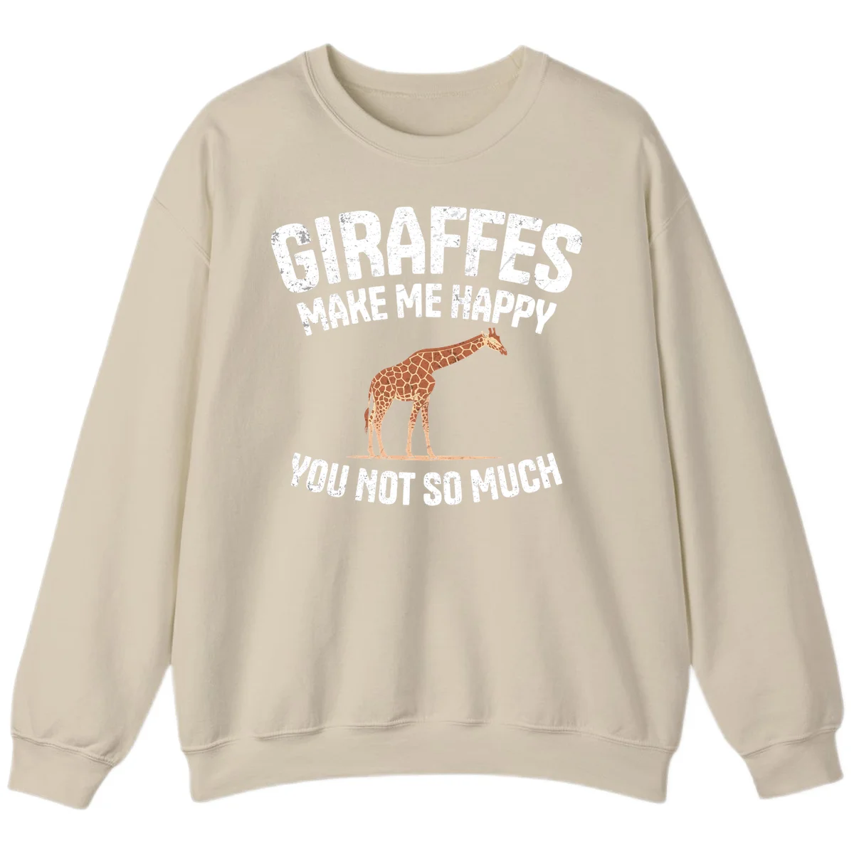 Giraffe make me happy design with distressed white text on gray background, humorous introvert-themed illustration in Sand