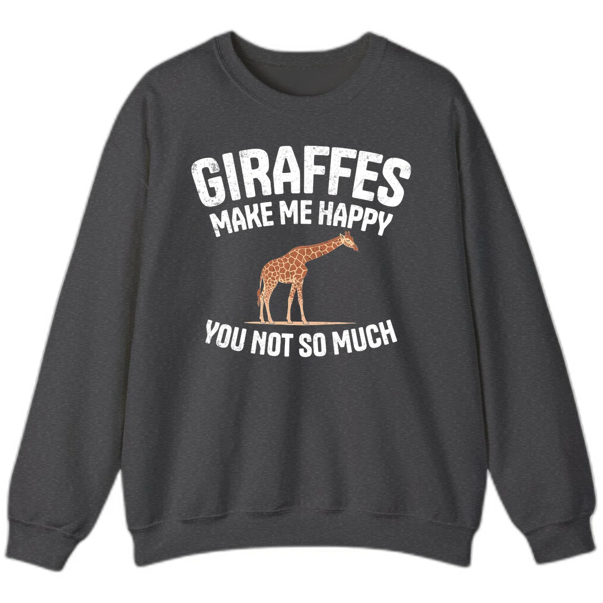 Giraffe make me happy design with distressed white text on gray background, humorous introvert-themed illustration in Dark Heather