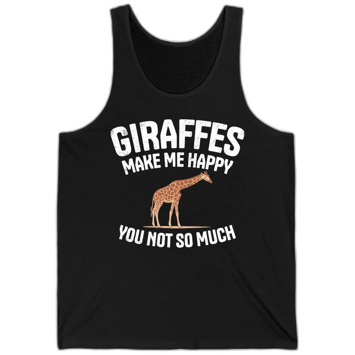 Giraffe make me happy design with distressed white text on gray background, humorous introvert-themed illustration in Black